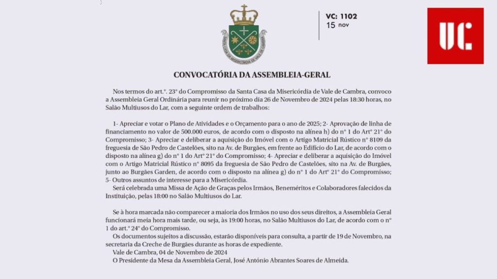 SANTA CASA DA MISERICÓRDIA DE VALE DE CAMBRA – Convocatória da Assembleia-Geral